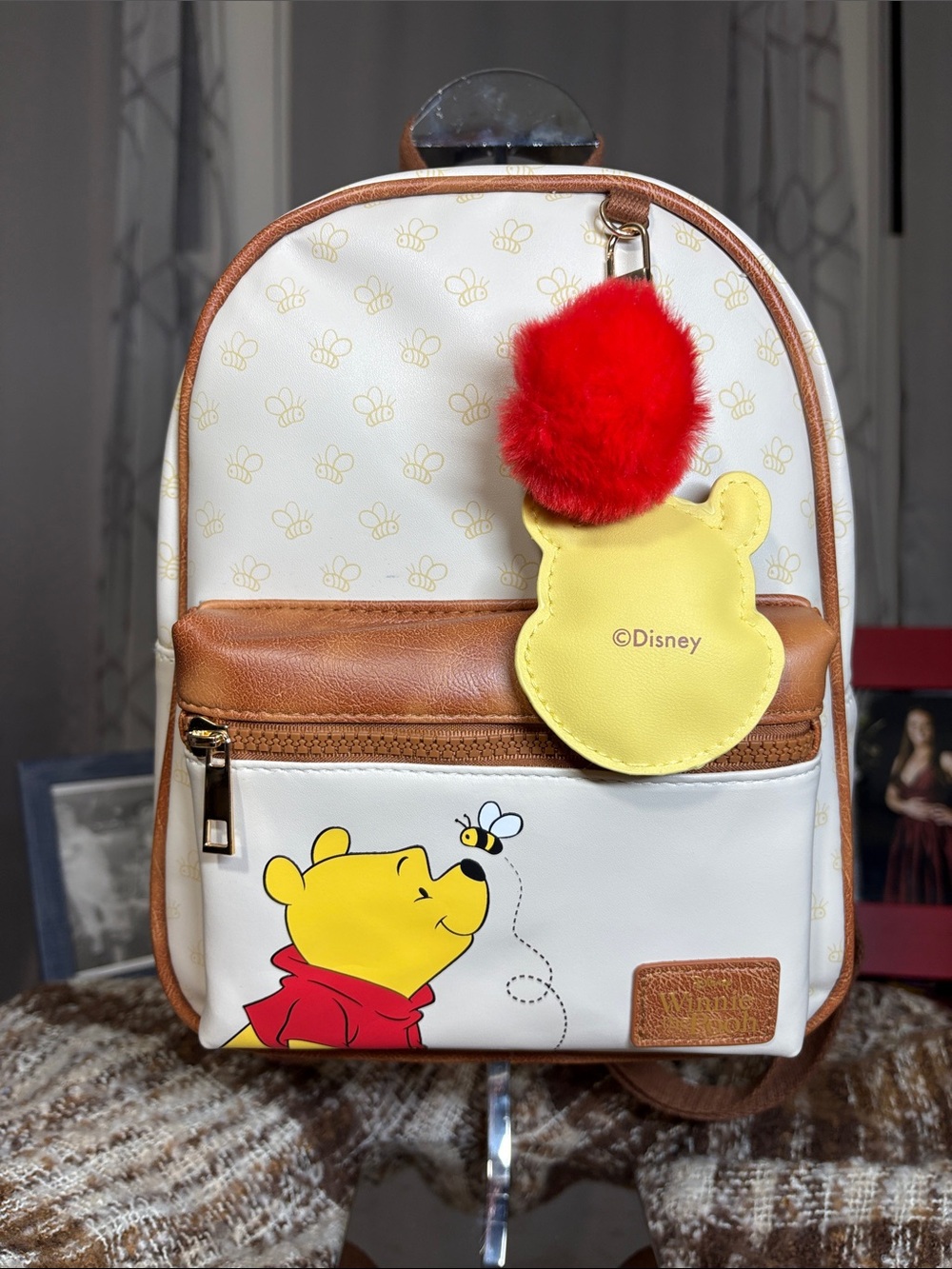 Disney Yellow and Brown Winnie the Pooh Small Backpack Red Pom-Pom Bear Charm